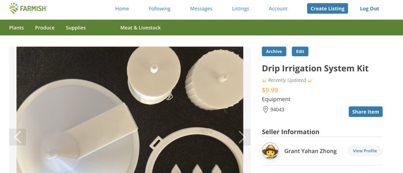 The Drip Irrigation System Kit listing on Farmish: a photo of the kit's parts on black foam, priced at $9.99 under Equipment, sold by Grant Yahan Zhong.